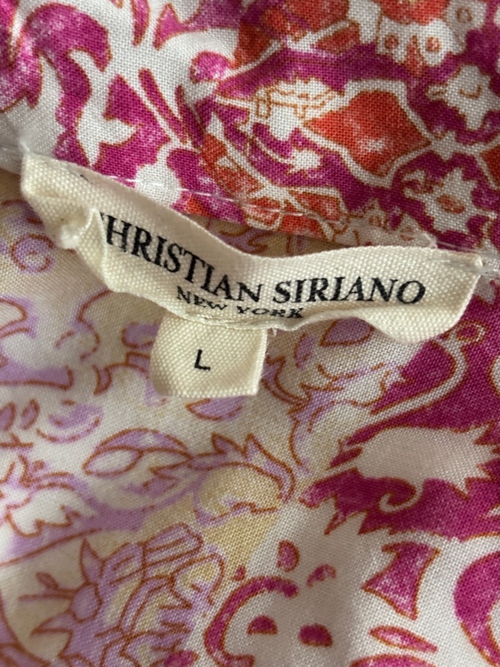 CHRISTIAN SIRIANO | Patchwork Floral Blouse Pink Orange Rayon Boho Button Front - Picture 4 of 6